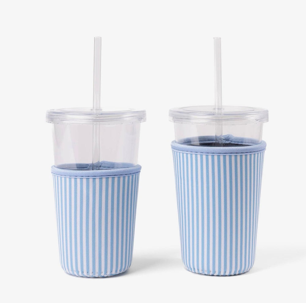 Blue Stripes reusable neoprene drink sleeve for iced coffee cups shown in regular and large sizes with classic blue and white stripe pattern.