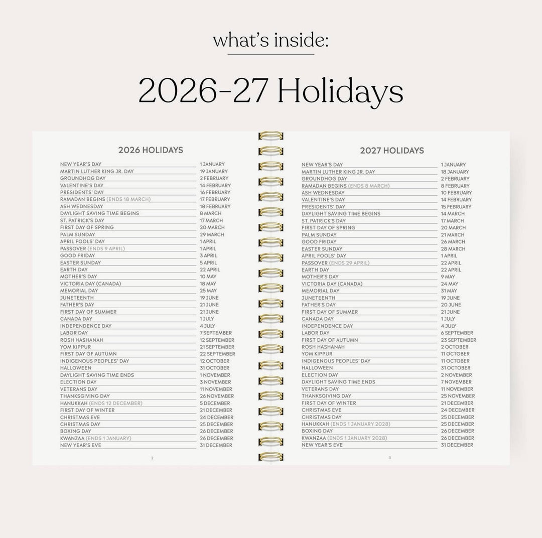 2026–2027 academic planner holiday reference pages featuring major U.S. holidays and important dates in weekly monthly planner.