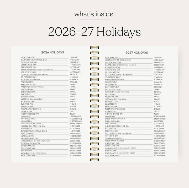 2026–2027 academic planner holiday reference pages featuring major U.S. holidays and important dates in weekly monthly planner.