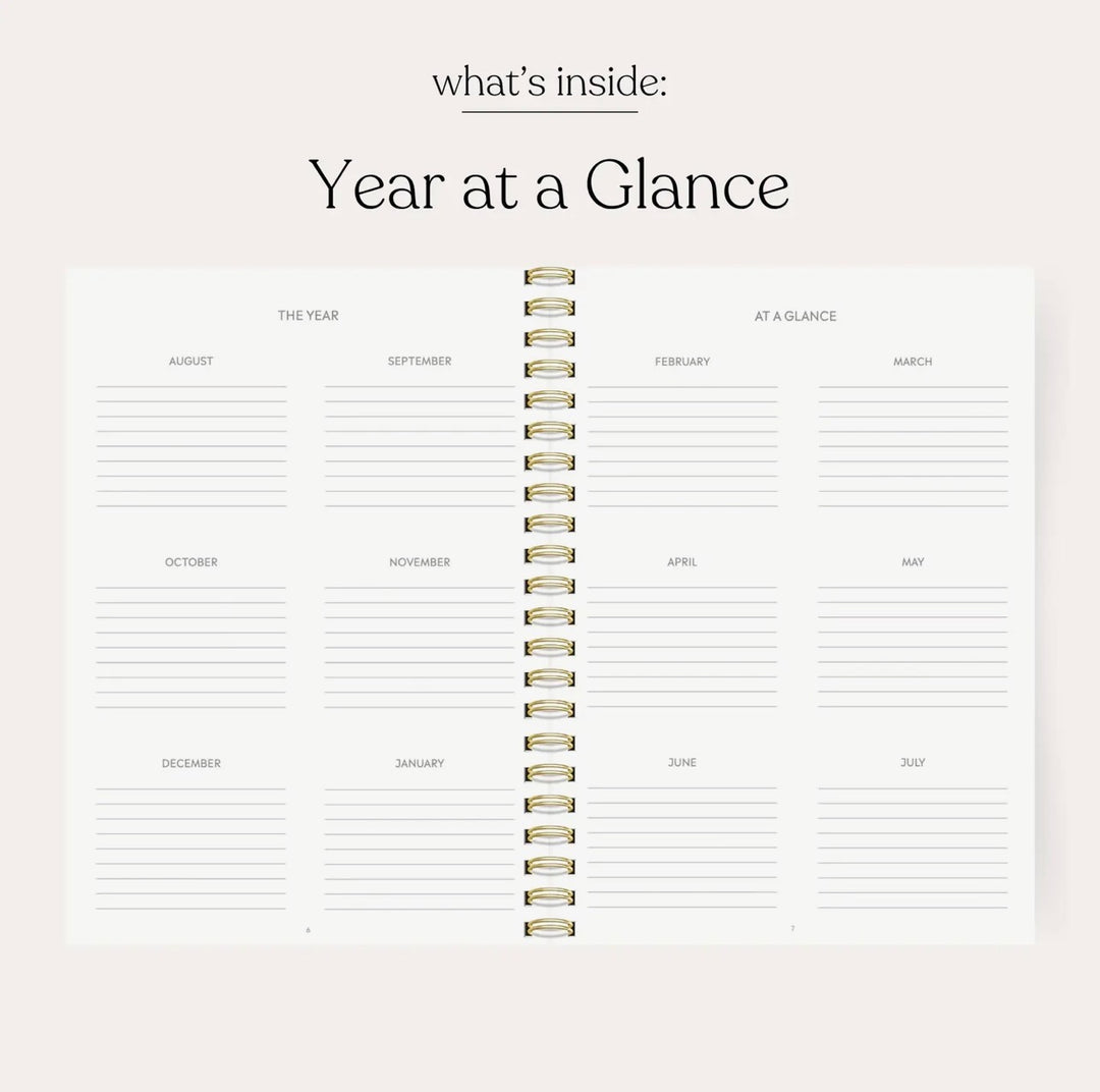 Year at a glance planning pages inside the Elyse Breanne Designs 2026–2027 academic planner with monthly overview sections.