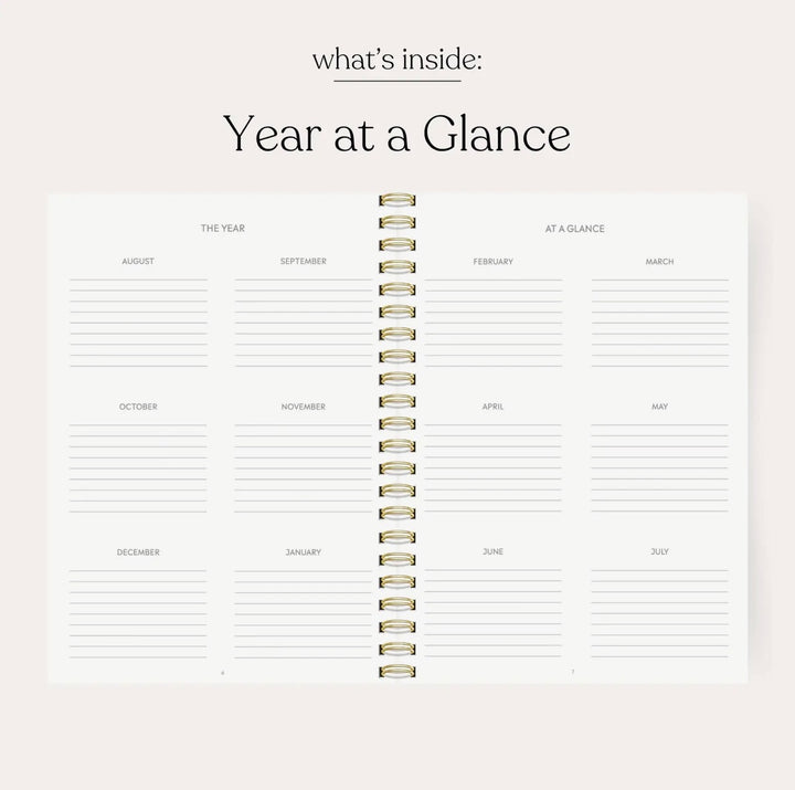 Year at a glance planning pages inside the Elyse Breanne Designs 2026–2027 academic planner with monthly overview sections.