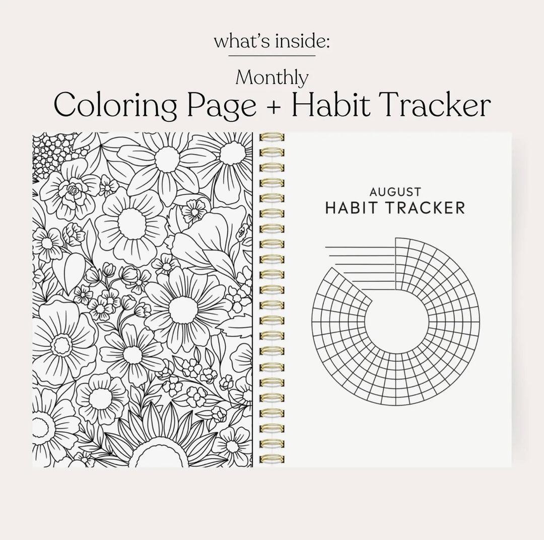Monthly coloring page and habit tracker spread inside the 2026–2027 academic planner with floral coloring design and circular habit tracker.