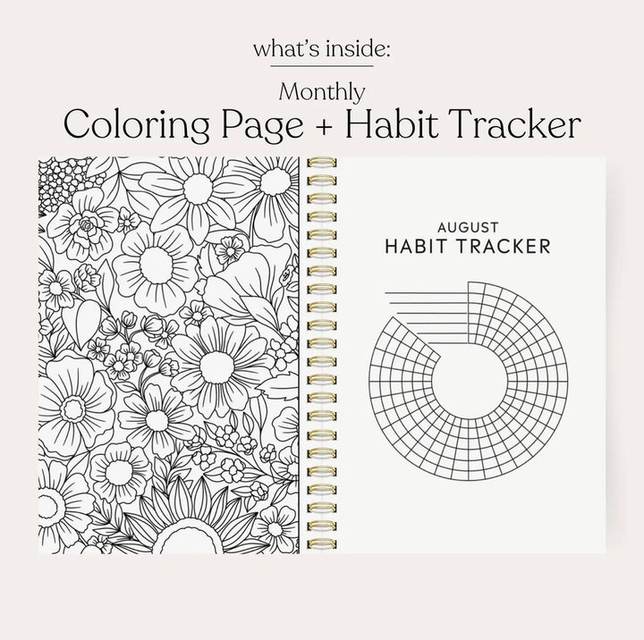 Monthly coloring page and habit tracker spread inside the 2026–2027 academic planner with floral coloring design and circular habit tracker.