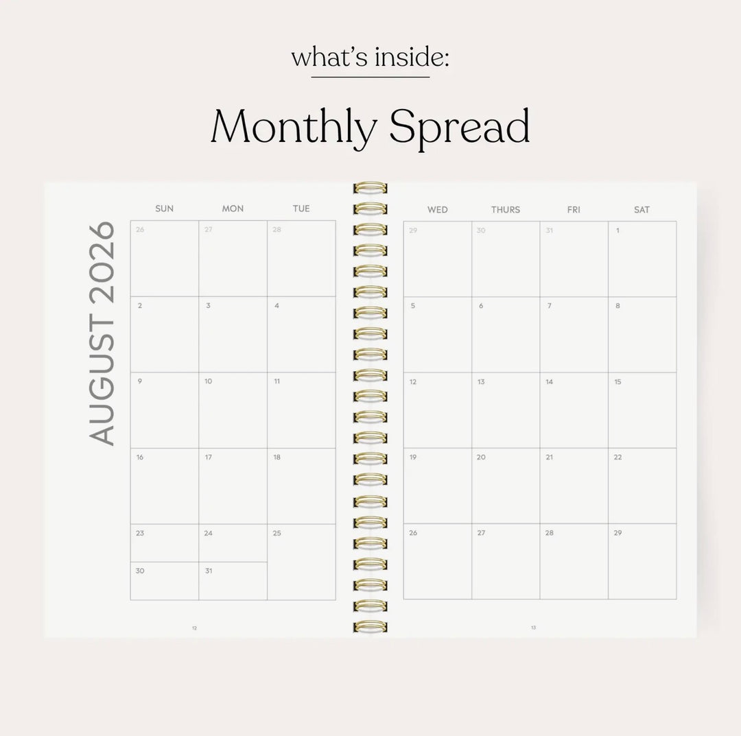 August 2026 monthly calendar layout inside the Elyse Breanne Designs academic planner with spacious daily planning boxes.