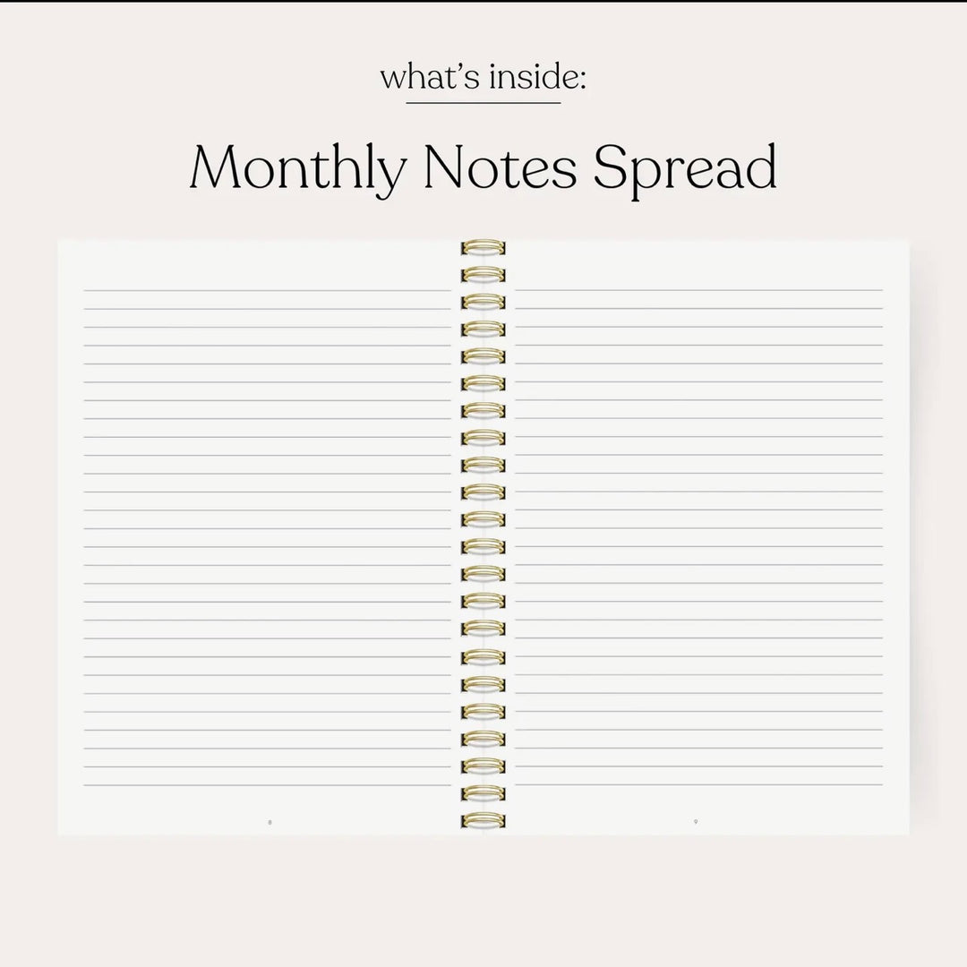 Monthly notes spread in the 2026–2027 academic planner featuring lined pages for notes, lists, goals, and reminders.