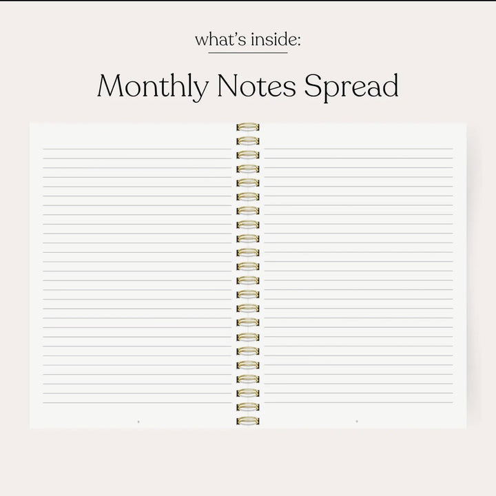 Monthly notes spread in the 2026–2027 academic planner featuring lined pages for notes, lists, goals, and reminders.