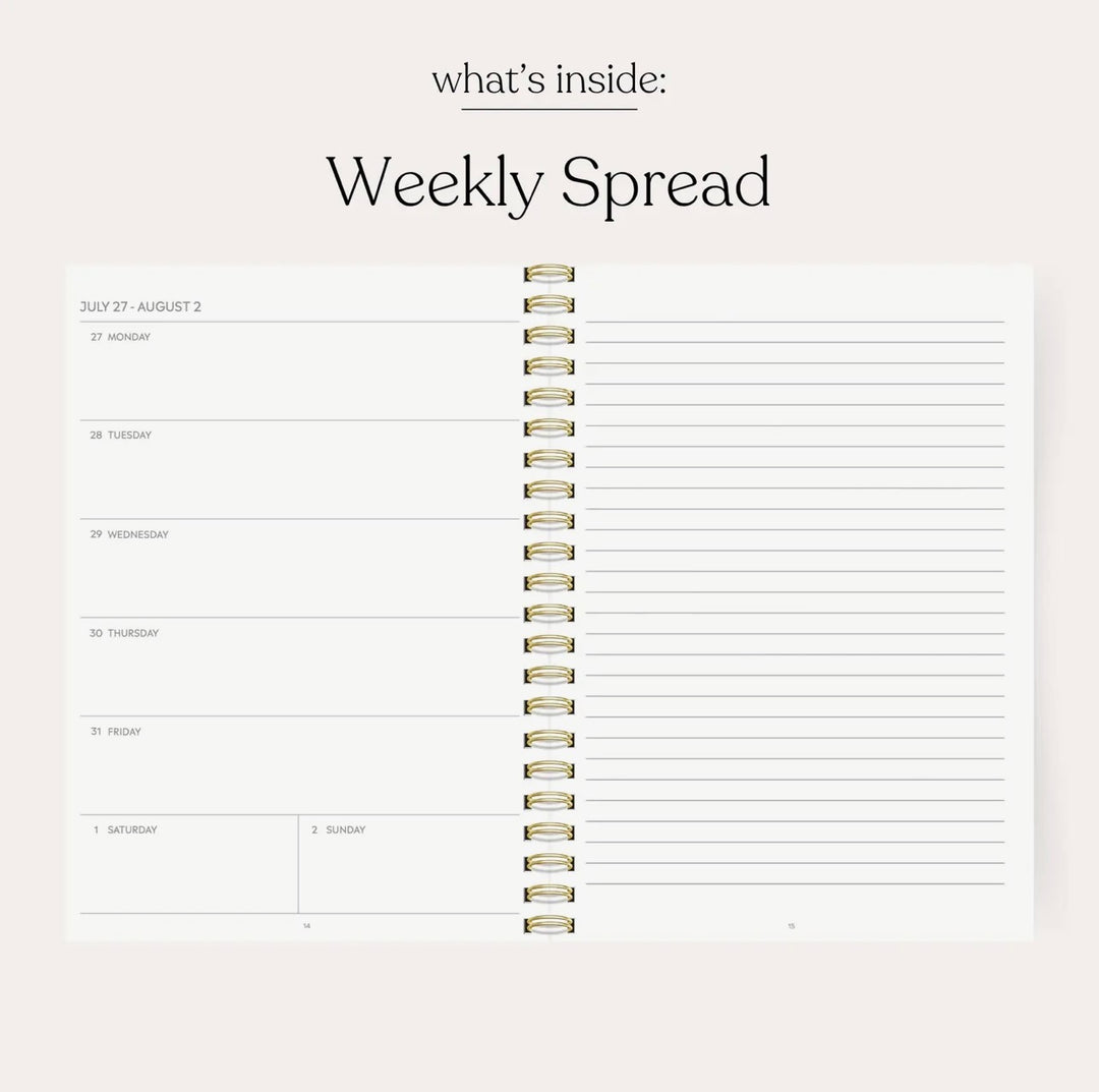 Weekly planner spread in the Elyse Breanne Designs 2026–2027 academic planner with daily sections and lined notes page.