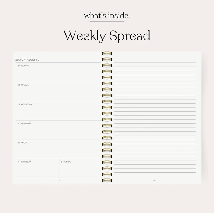 Weekly planner spread in the Elyse Breanne Designs 2026–2027 academic planner with daily sections and lined notes page.