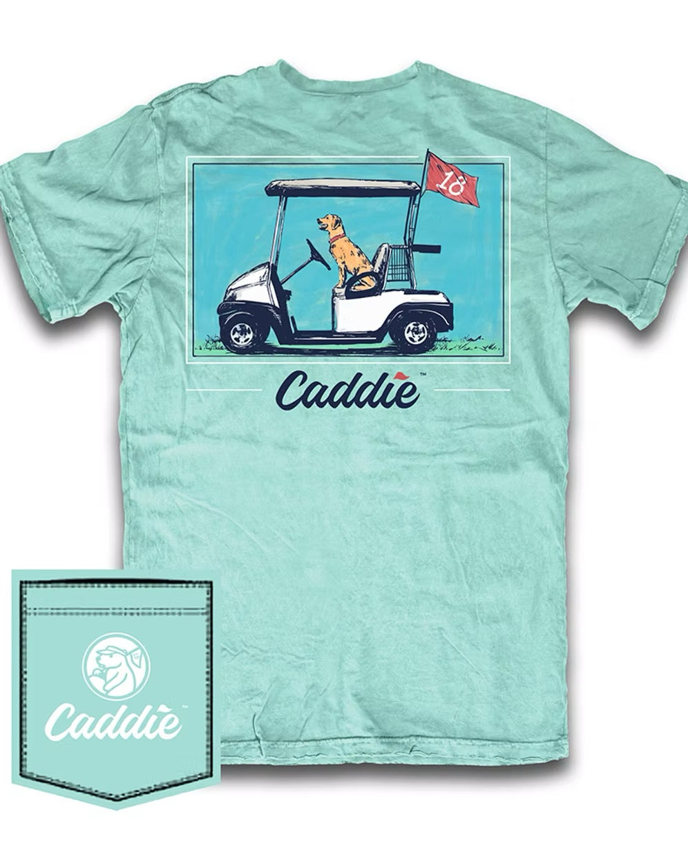 Youth Caddie golf cart graphic t-shirt in mint green featuring Labrador retriever riding in golf cart with 18-hole flag, golf lifestyle apparel, dog lover golf shirt, casual Southern comfort tee