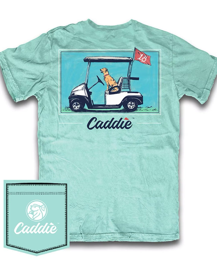 Youth Caddie golf cart graphic t-shirt in mint green featuring Labrador retriever riding in golf cart with 18-hole flag, golf lifestyle apparel, dog lover golf shirt, casual Southern comfort tee