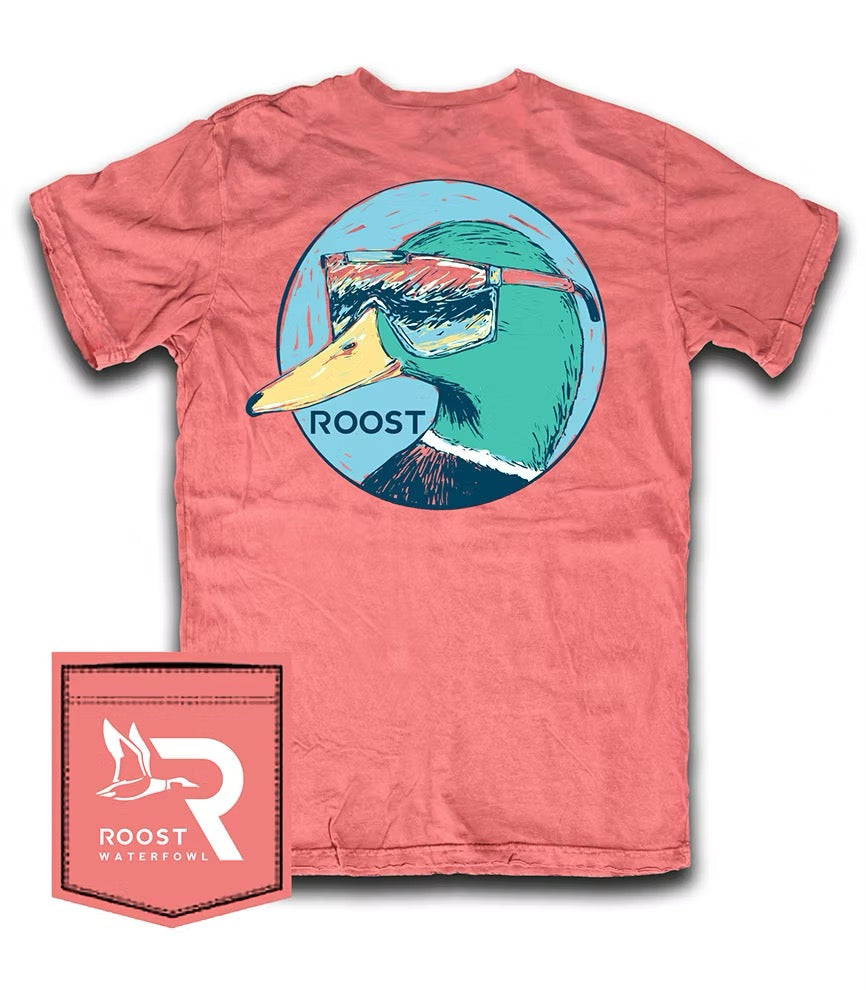 Youth Roost Waterfowl duck graphic t-shirt in coral pink featuring mallard duck wearing sunglasses, Southern outdoor apparel, casual waterfowl hunting shirt, garment-dyed comfort tee