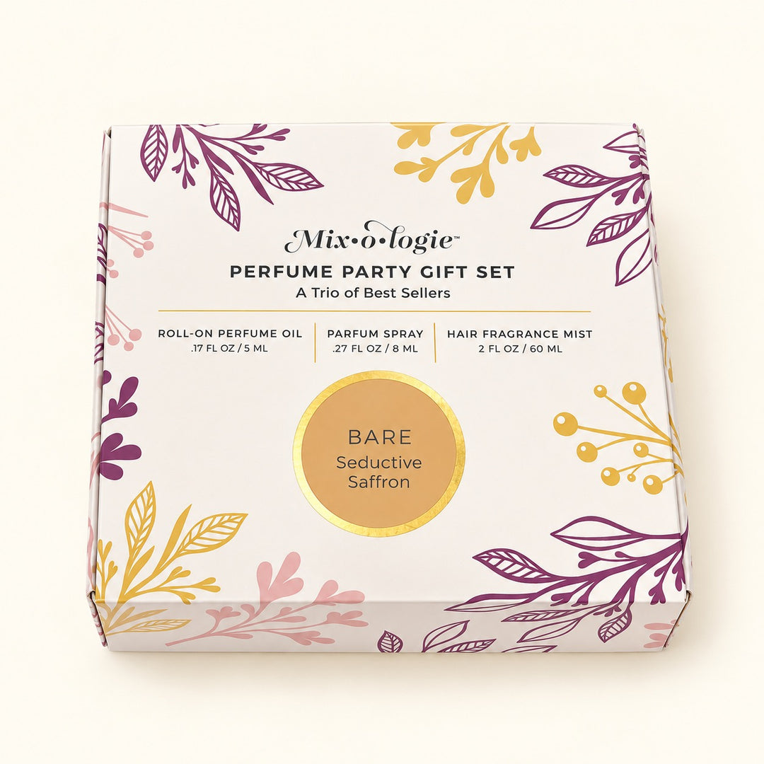 Mixologie Bare Seductive Saffron Perfume Party Gift Set in decorative floral gift box featuring a three-piece fragrance collection.