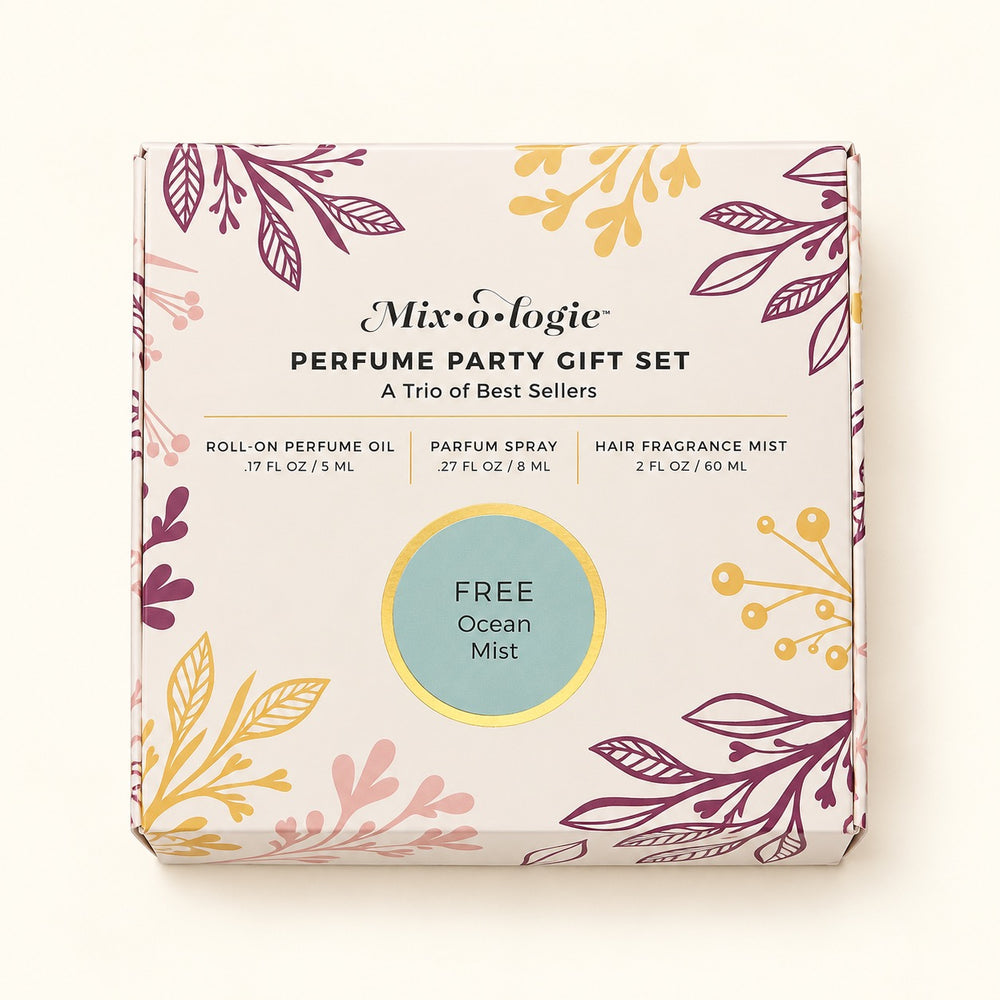 Mixologie Free Ocean Mist Perfume Party Gift Set in decorative floral packaging featuring a three-piece coastal fragrance collection.