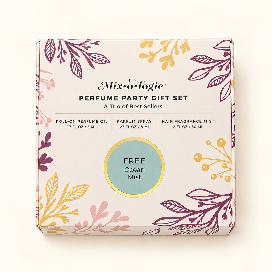 Mixologie Free Ocean Mist Perfume Party Gift Set in decorative floral packaging featuring a three-piece coastal fragrance collection.