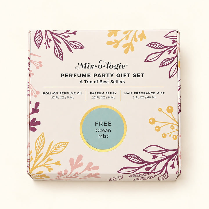 Mixologie Free Ocean Mist Perfume Party Gift Set in decorative floral packaging featuring a three-piece coastal fragrance collection.