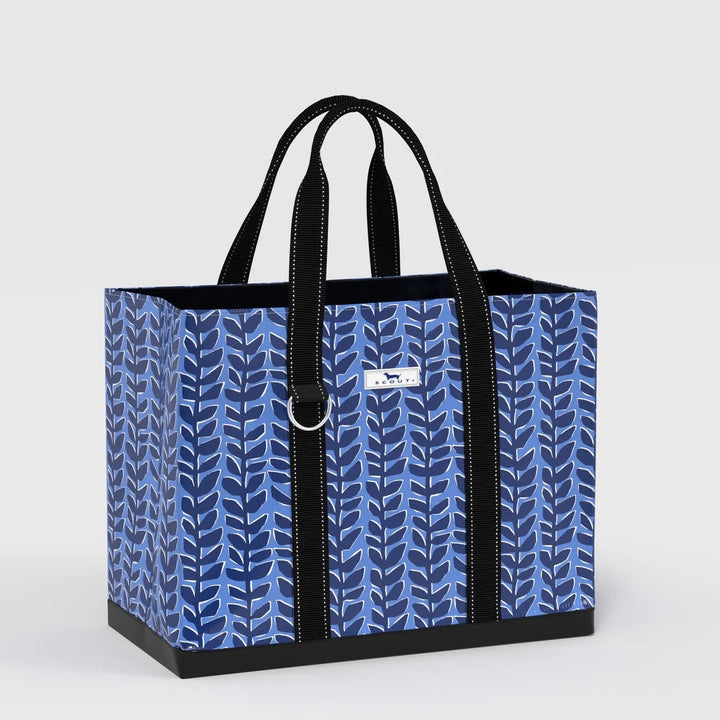 Scout Original Deano large tote bag in blue leaf print with black straps and reinforced bottom