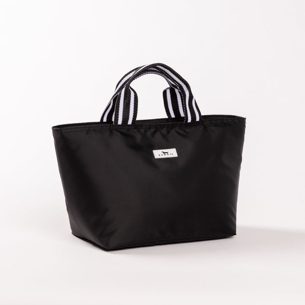 Black lunch bag with striped handles on a white background