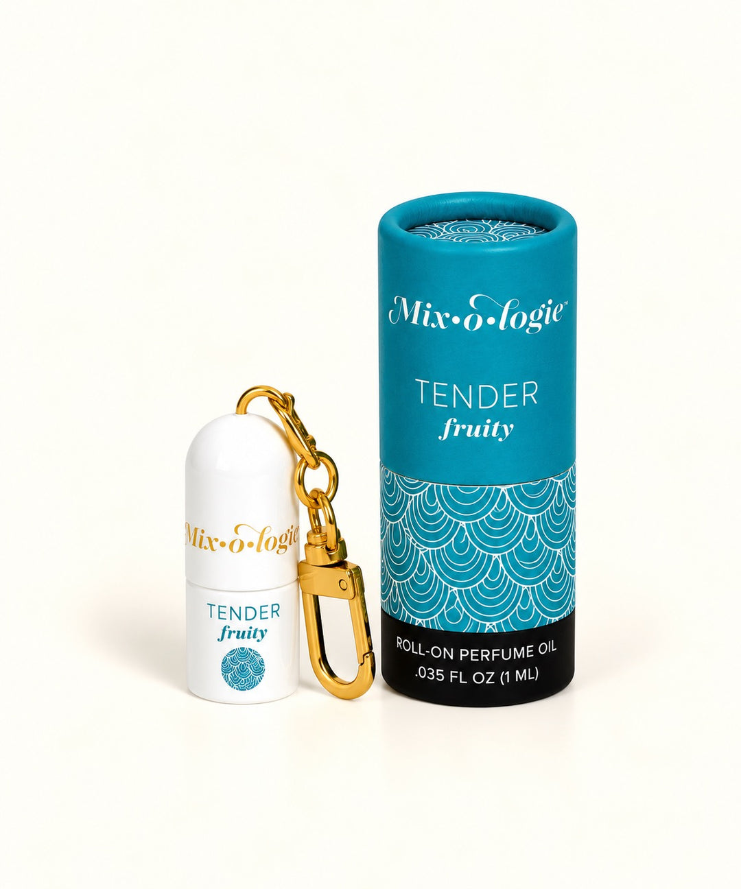 Mixologie Tender Fruity mini roll-on perfume oil keychain with gold clip, white bottle, and teal patterned packaging.