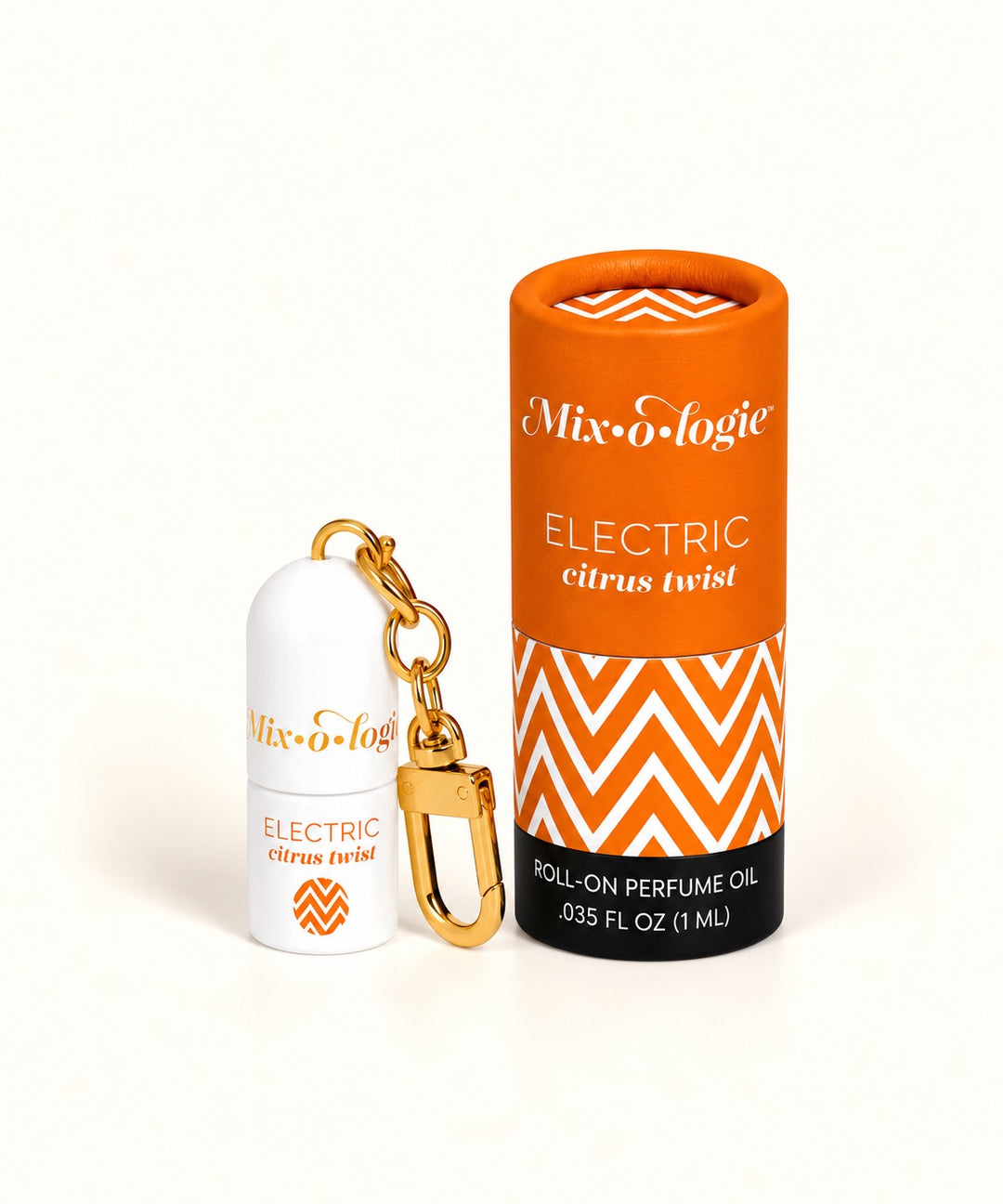 Mixologie Electric Citrus Twist 1 mL roll-on perfume keychain with gold clip and orange chevron-patterned packaging.