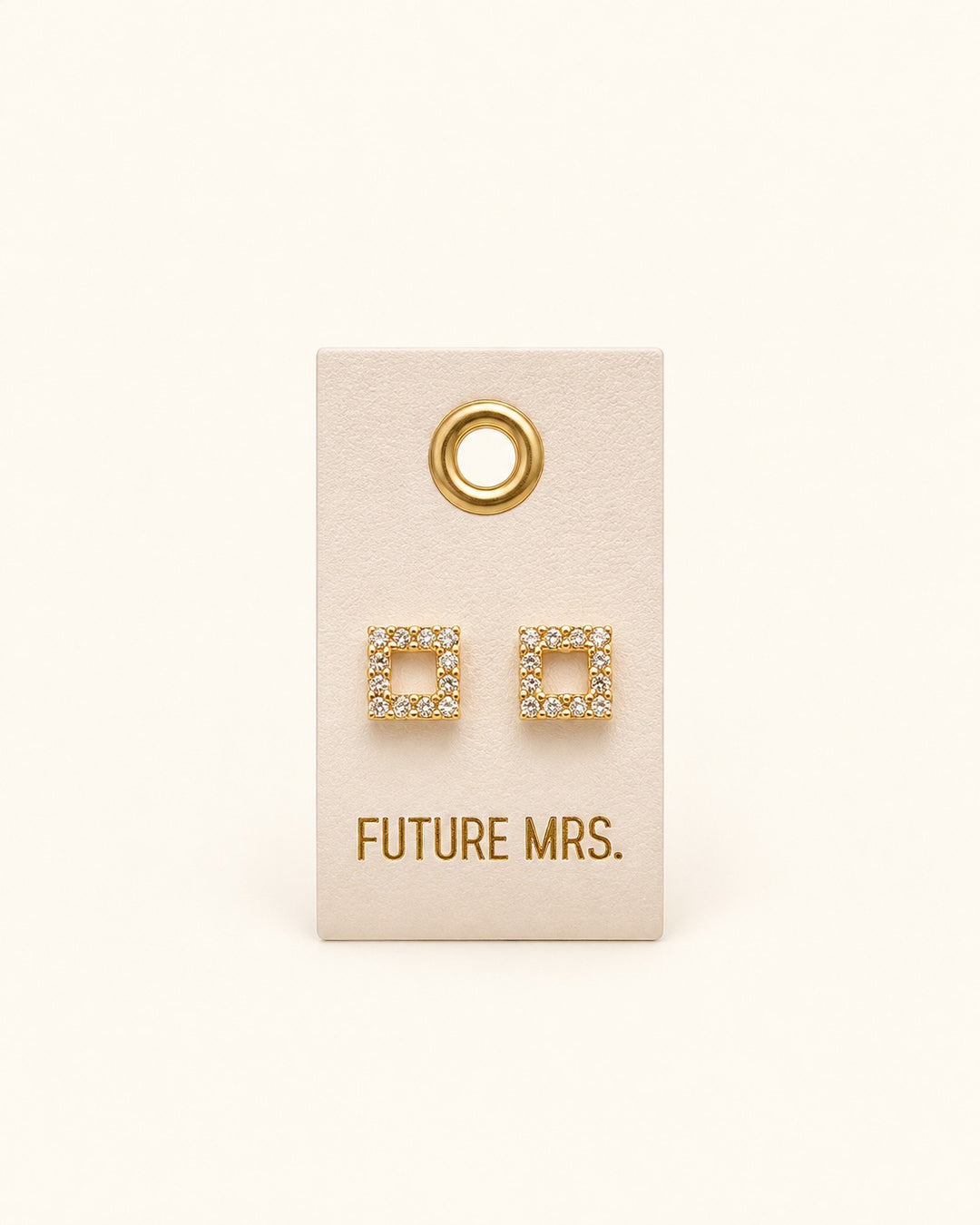 Gold-tone open square bridal stud earrings with sparkling crystal accents displayed on an ivory Future Mrs. wedding leather gift tag.