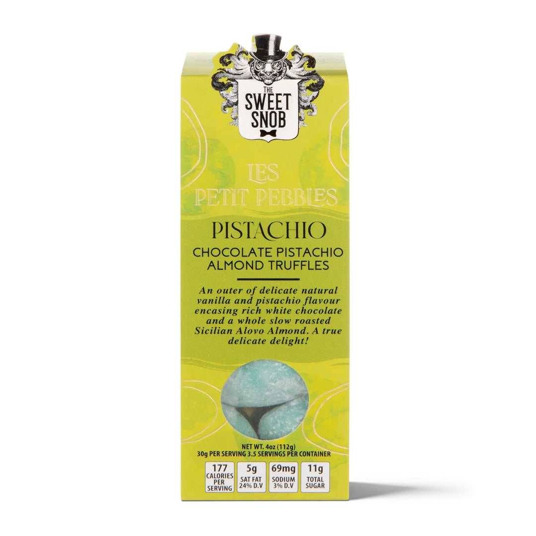 The Sweet Snob Ies Petit Pebbles Pistachio Chocolate Pistachio Almond Truffles gourmet candy box featuring pistachio-flavored white chocolate truffles with roasted almond center in premium gift packaging