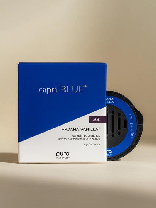 Capri Blue Havana Vanilla car diffuser refill packaging on a beige background