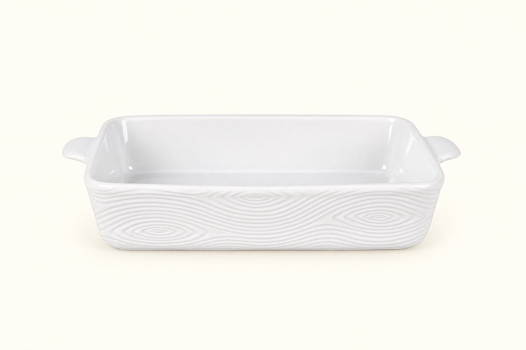 Temp-tations white Woodland 13x9 stoneware baker featuring embossed woodgrain texture, glossy glass glaze, rectangular shape, and built-in side handles