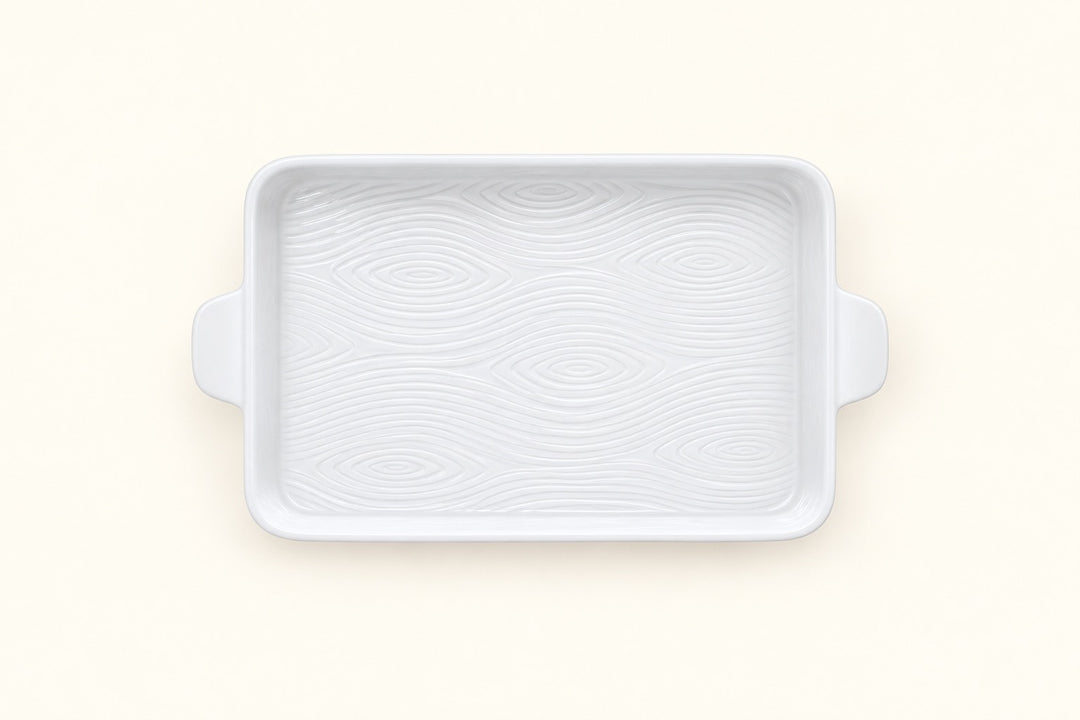 Temp-tations white Woodland 13x9 stoneware platter featuring an embossed woodgrain pattern, glossy finish, rectangular shape, and built-in side handles
