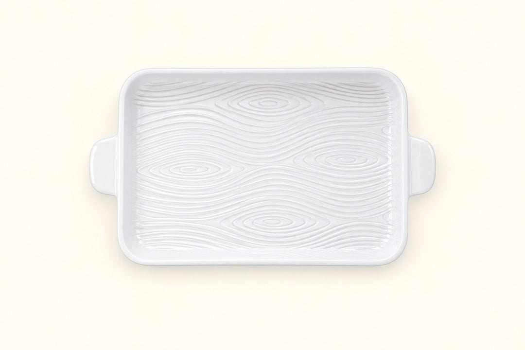 Temp-tations white Woodland 11x7 stoneware platter featuring an embossed woodgrain pattern, glossy finish, rectangular design, and built-in side handles