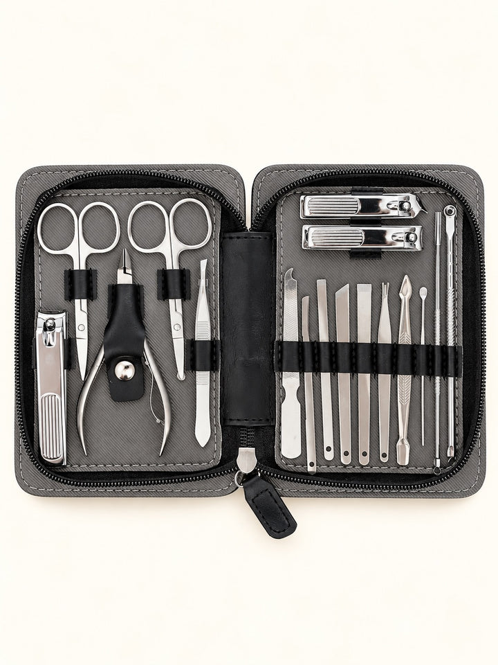 Overhead product photo of black Pro MAN-I PEDI 17 Piece Set showing stainless steel grooming tools organized in elastic holders.