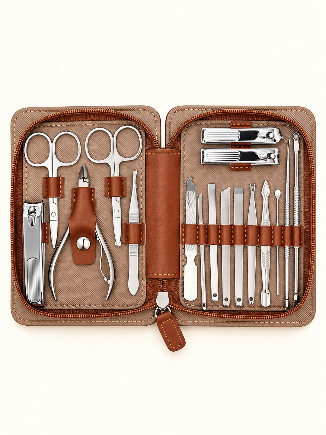 Overhead view of brown Pro MAN-I PEDI 17 Piece Men&