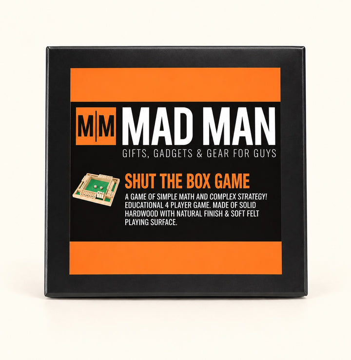 Mad Man Shut the Box Game in black and orange packaging featuring a classic four-player wooden dice and numbered tile game, available at Square 1 Boutique.