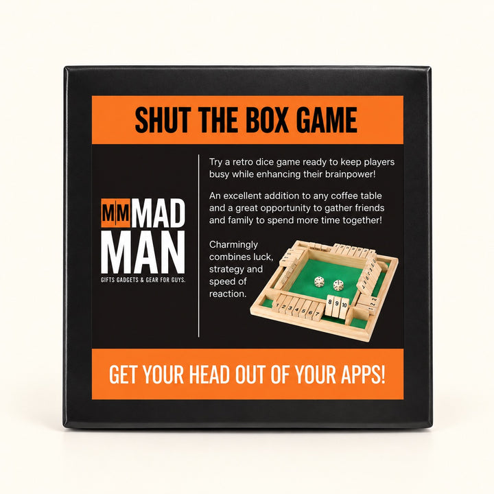 Back of Mad Man Shut the Box Game packaging showing the wooden tabletop dice game with green felt surface, numbered tiles, and game description.