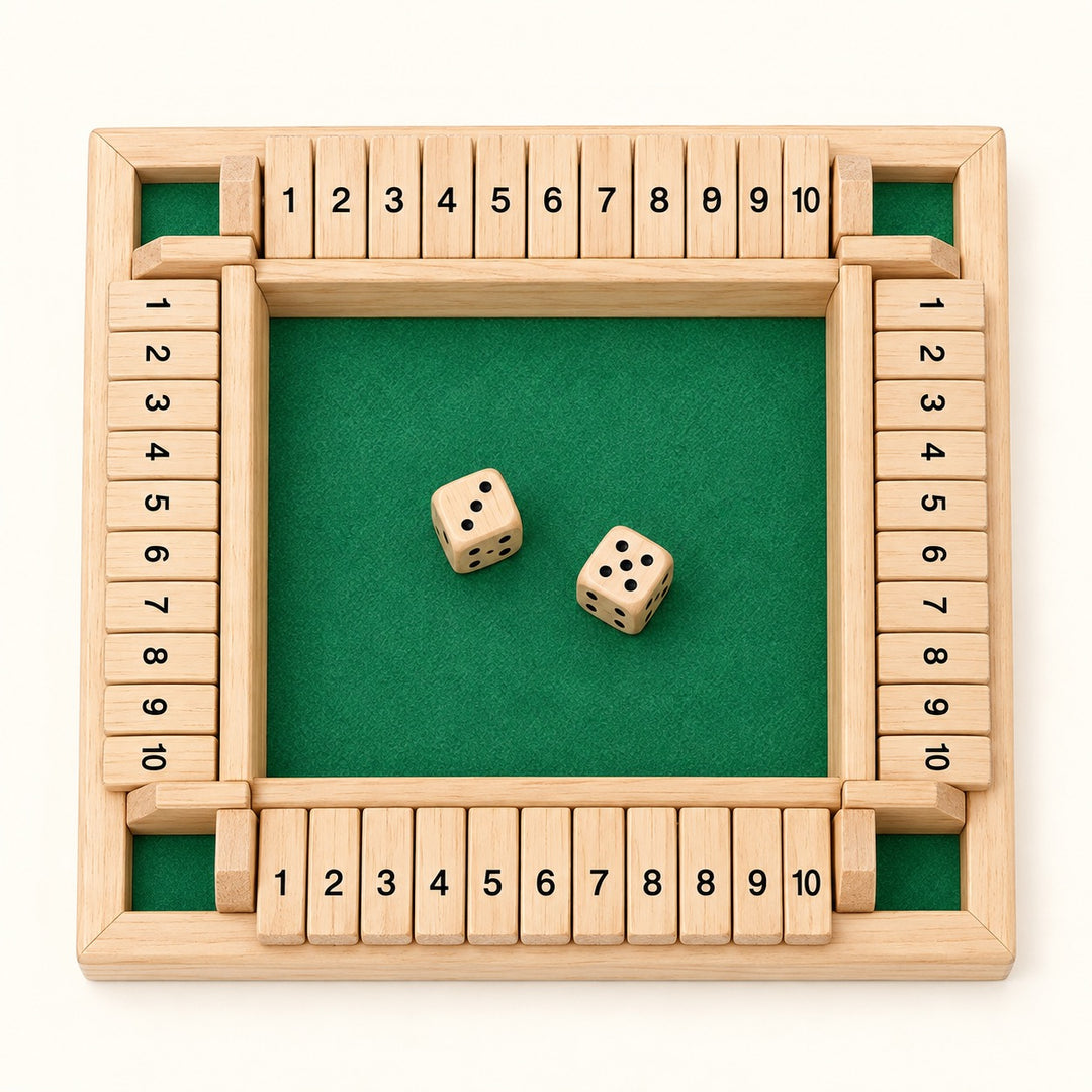 Overhead view of Mad Man Shut the Box Game featuring a natural hardwood frame, green felt playing surface, numbered wooden flip tiles, and two dice for four-player gameplay.