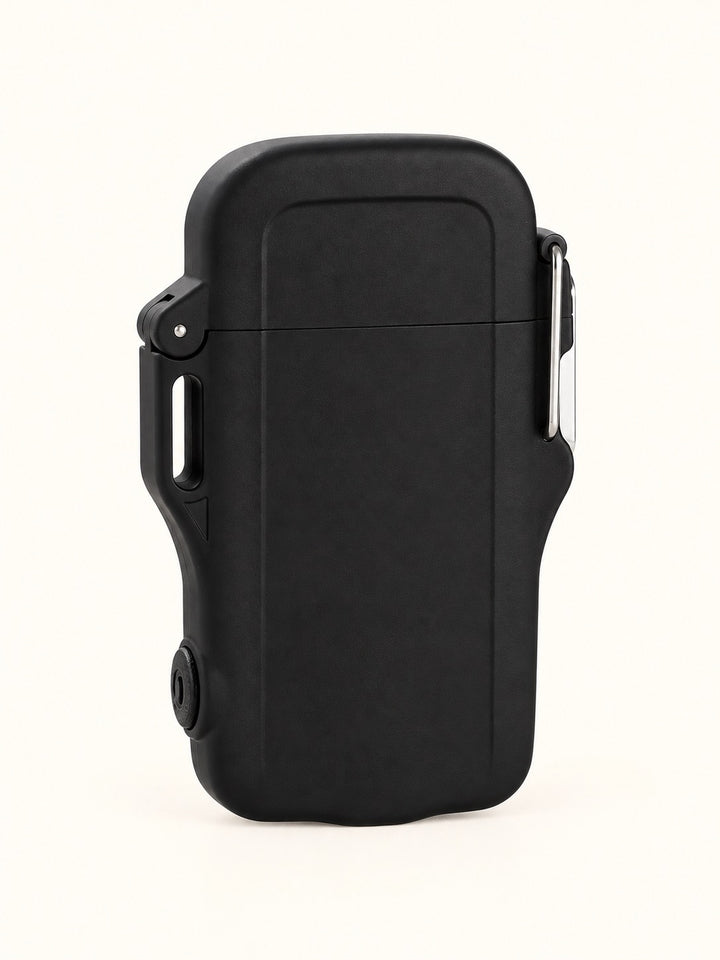 Black Mad Man Quad-Core Arc Spark Lighter featuring a rugged compact body, protective hinged cover, metal attachment clip, and rechargeable flameless ignition system.