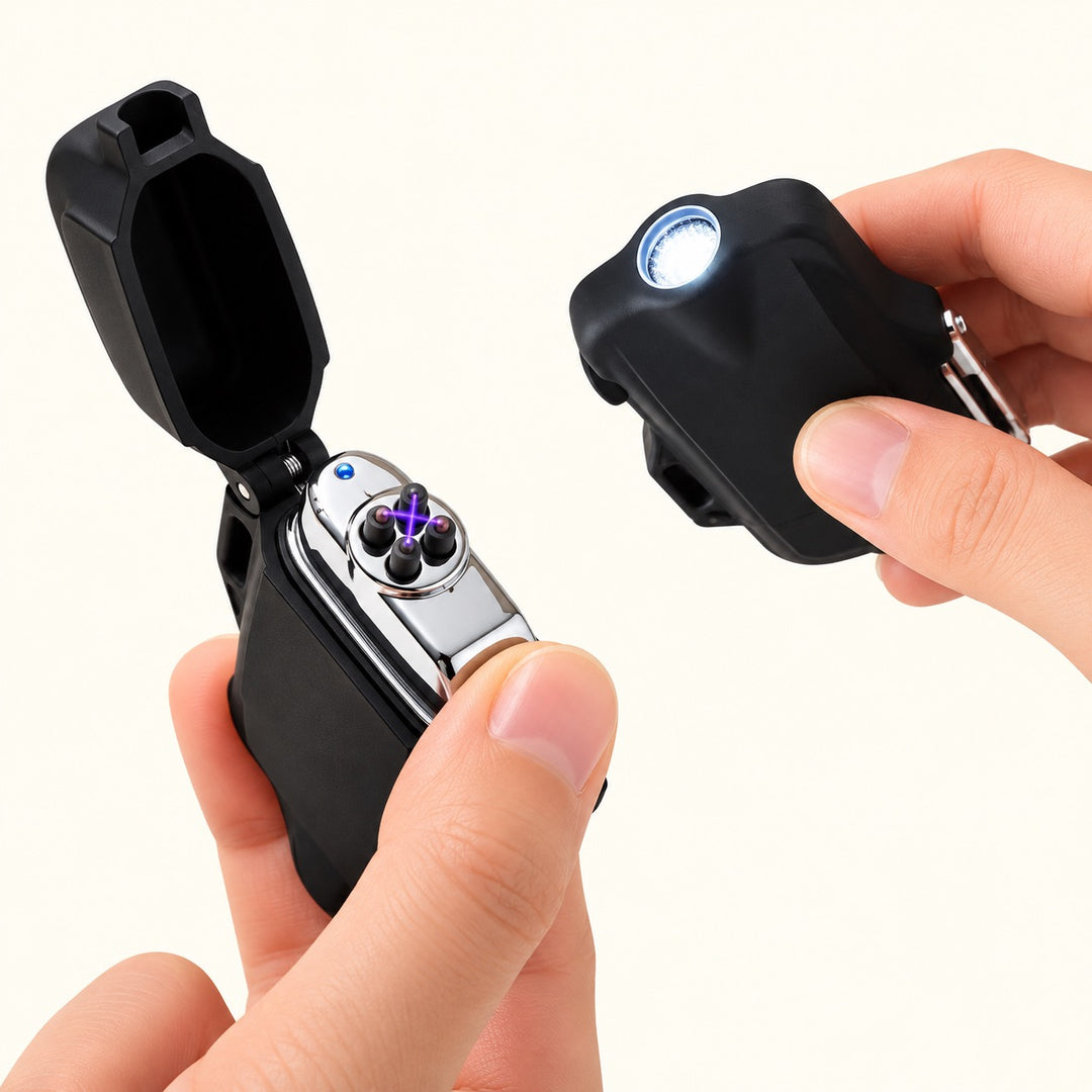 Mad Man rechargeable electric plasma arc lighter shown open with purple quad arc ignition alongside its built-in LED flashlight illuminated in a close-up demonstration.