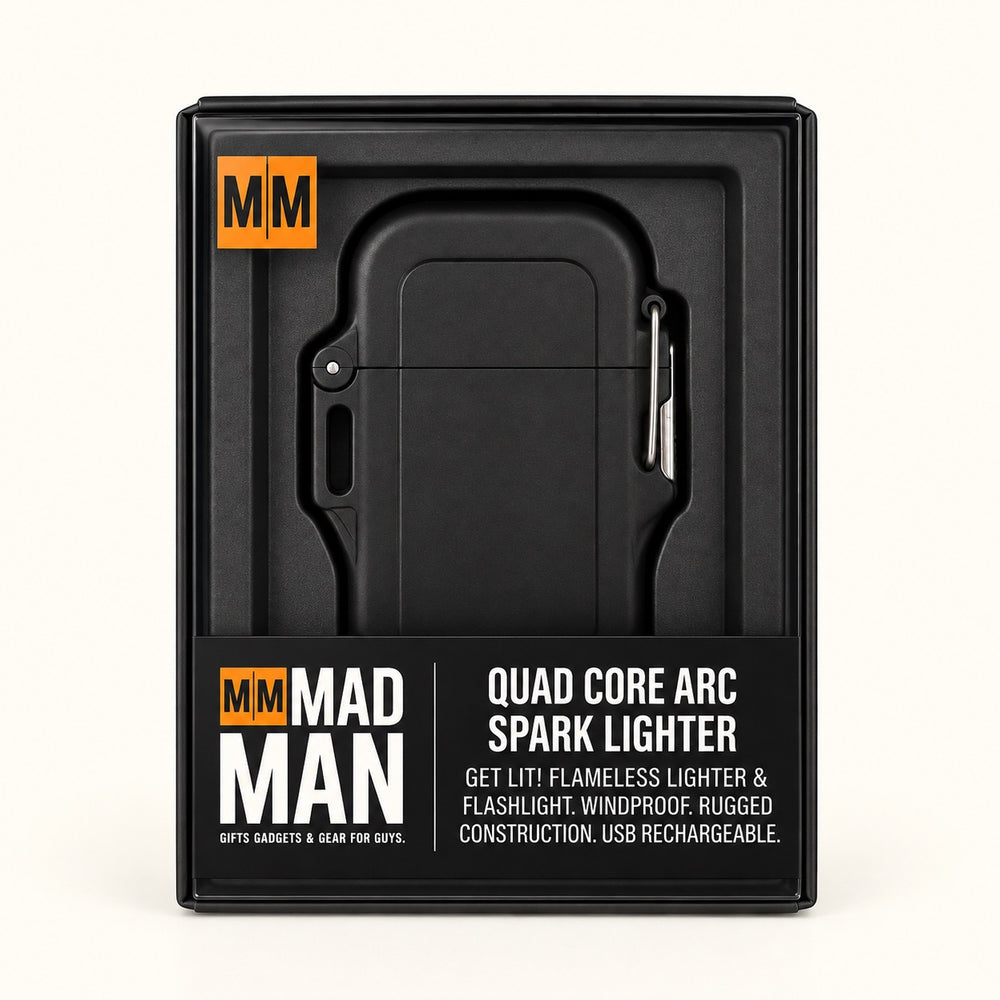 Mad Man Quad-Core Arc Spark Lighter in black retail packaging featuring a USB rechargeable flameless electric lighter with built-in LED flashlight.