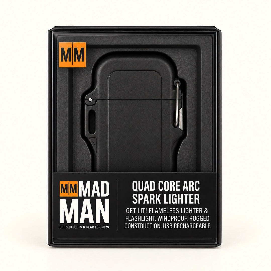 Mad Man Quad-Core Arc Spark Lighter in black retail packaging featuring a USB rechargeable flameless electric lighter with built-in LED flashlight.