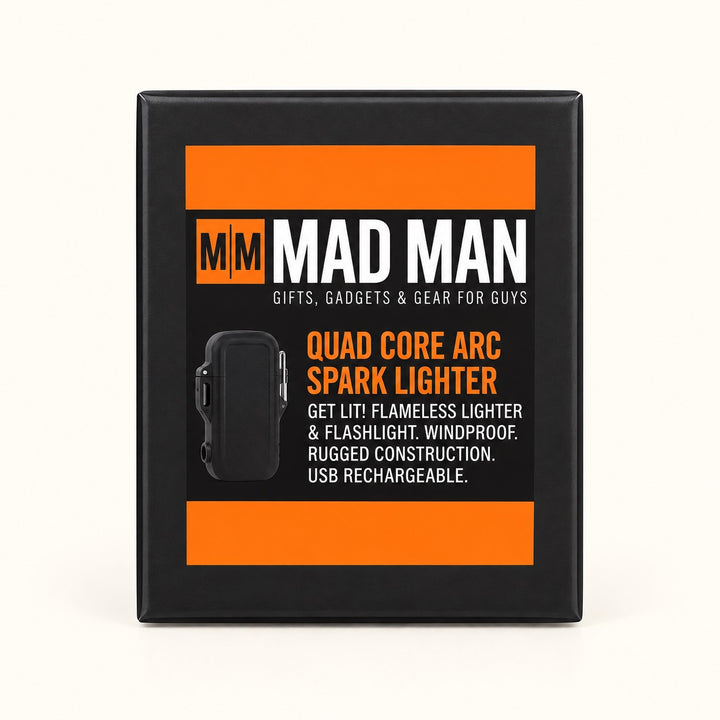 Back of Mad Man Quad-Core Arc Spark Lighter packaging highlighting quad plasma arc technology, waterproof construction, windproof ignition, and USB rechargeable design.
