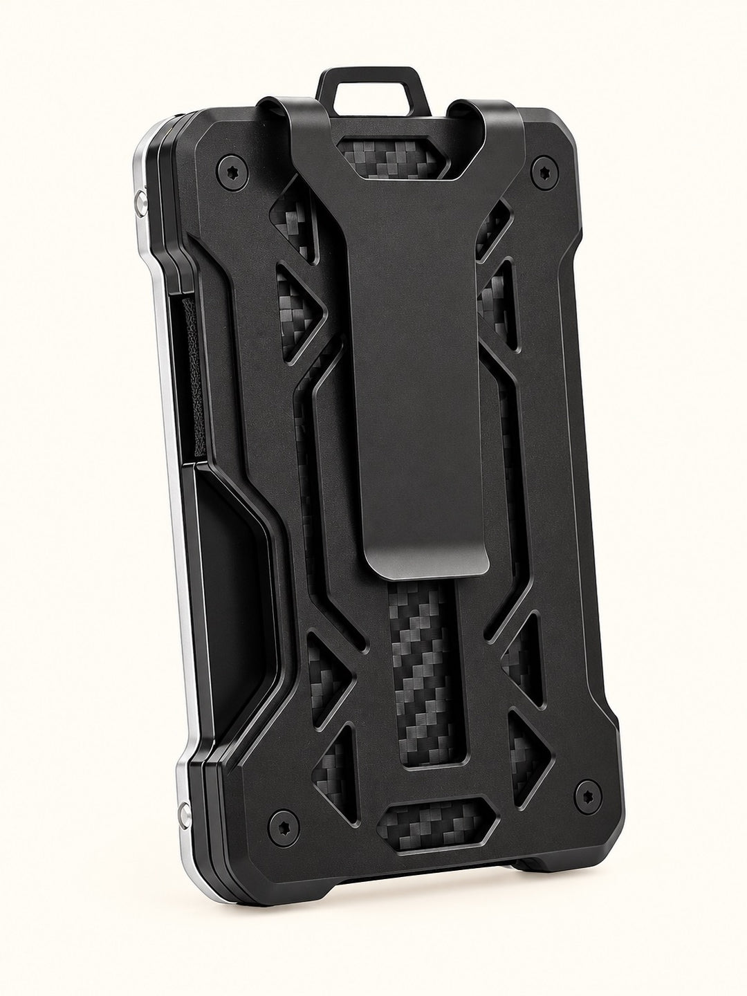 Close-up of black Mad Man Starship Front Pocket Wallet showing the durable aluminum and stainless steel body, geometric cutout design, carbon-fiber-style accents, and integrated metal pocket clip.