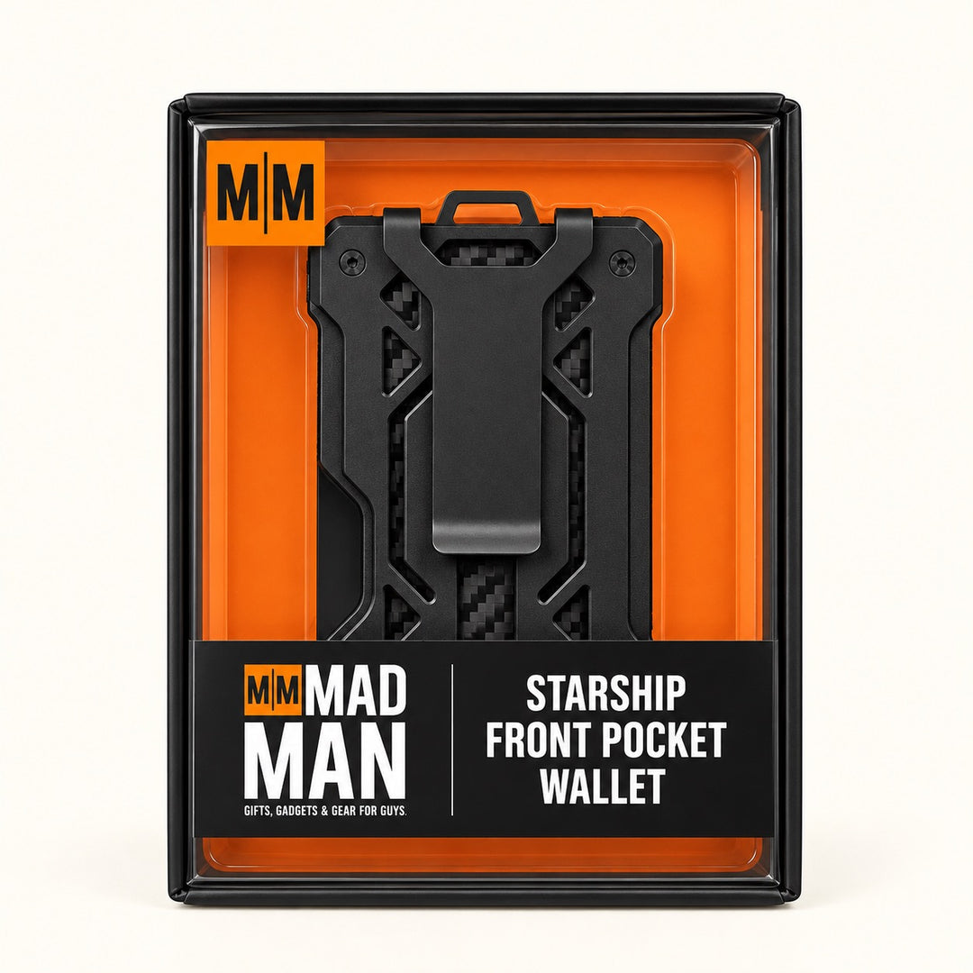 Mad Man Starship Front Pocket Wallet in black and orange retail packaging featuring a slim black aluminum men&