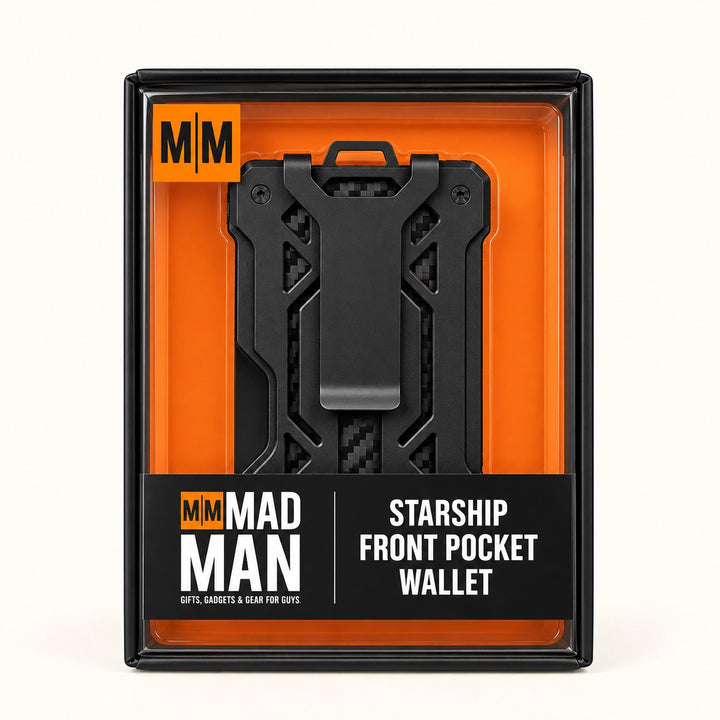 Mad Man Starship Front Pocket Wallet in black and orange retail packaging featuring a slim black aluminum men&