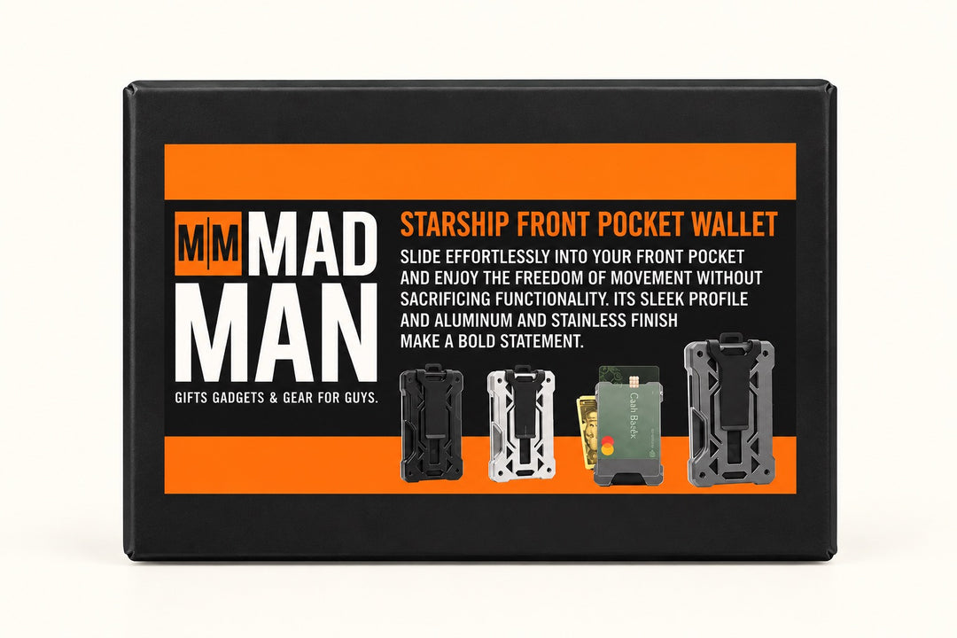 Back of Mad Man Starship Front Pocket Wallet packaging highlighting the slim aluminum and stainless steel construction, front pocket design, and minimalist everyday carry style.