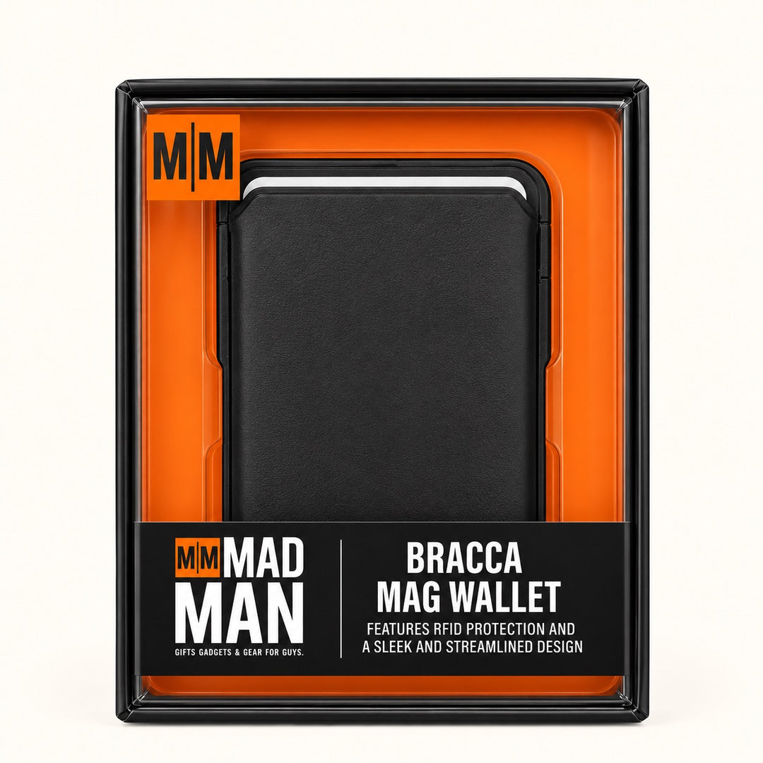 Mad Man Bracca Mag Wallet in black and orange retail packaging featuring a slim black magnetic phone wallet with RFID protection.