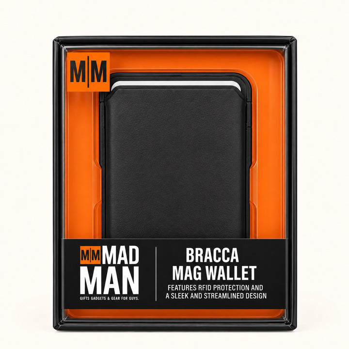 Mad Man Bracca Mag Wallet in black and orange retail packaging featuring a slim black magnetic phone wallet with RFID protection.