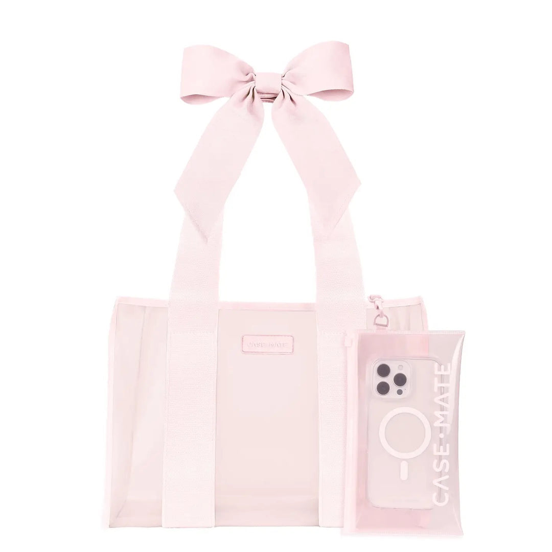Case-Mate Ballet Pink Bow Jelly Tote Bag featuring a translucent pink tote, oversized bow straps, and removable matching phone pouch