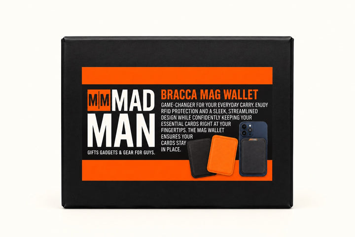 Back of Mad Man Bracca Mag Wallet packaging highlighting RFID protection, magnetic phone attachment, and convenient everyday card storage.