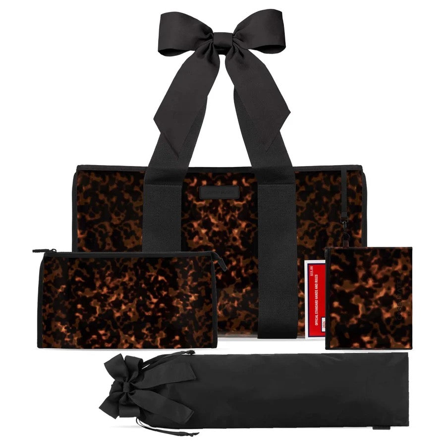 Case-Mate Tortoiseshell Bow Mahjong Jelly Tote Set featuring tortoiseshell tote, black bow straps, tile bag, game card and dice pouch, and protective rack sleeve
