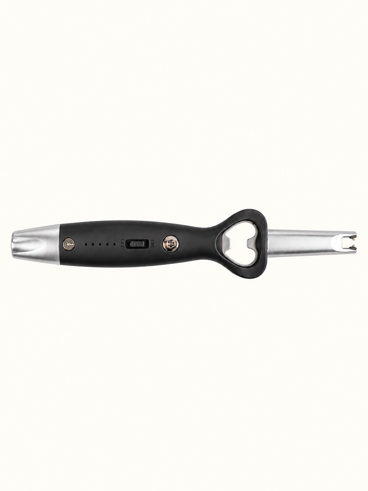 Mad Man Deluxe Arc Spark Lighter featuring a black ergonomic handle, silver electric arc ignition tip, built-in bottle opener, and USB charging port.