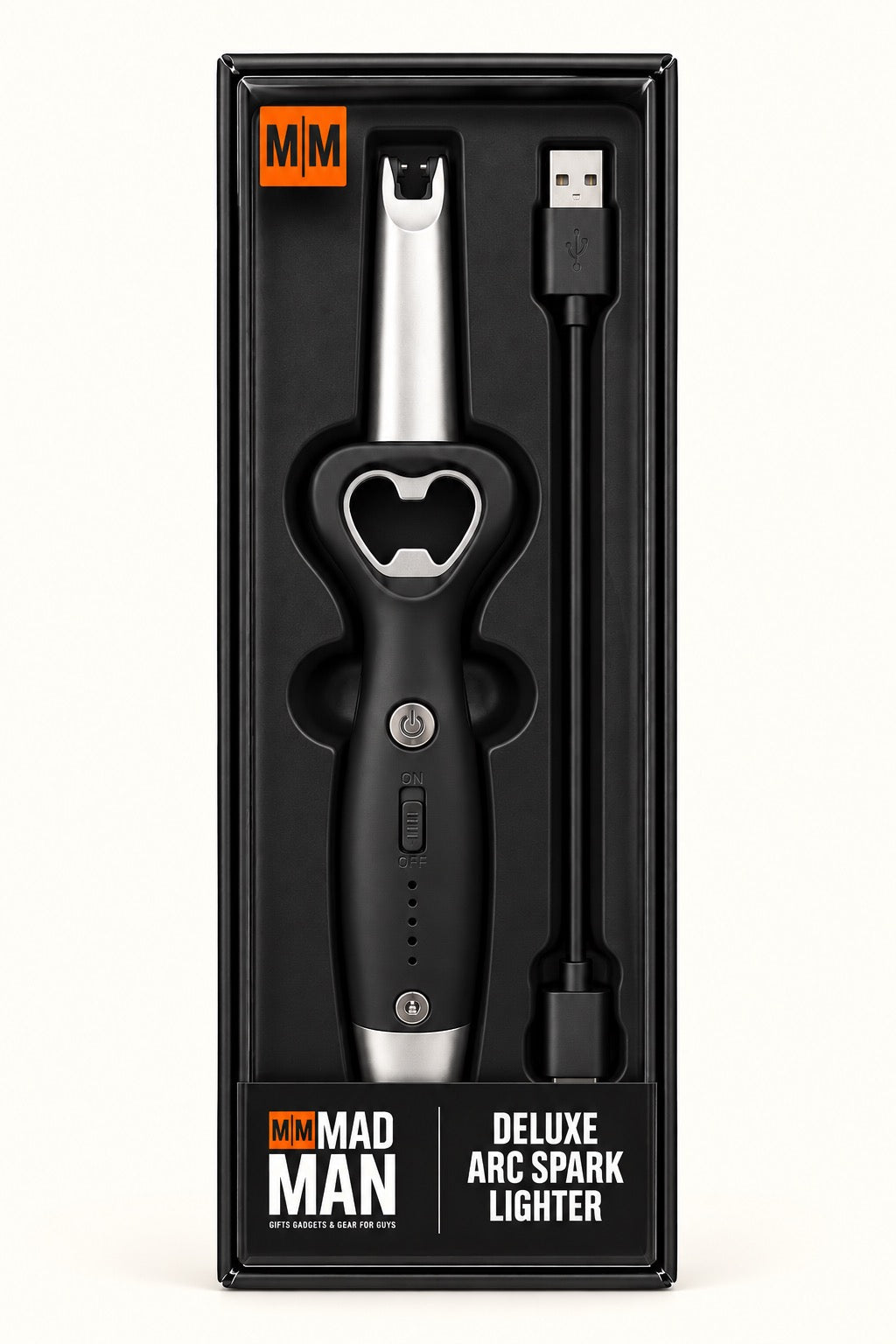 Mad Man Deluxe Arc Spark Lighter in black and silver featuring a rechargeable electric lighter, built-in bottle opener, and USB charging cable in gift-ready packaging at Square 1 Boutique.